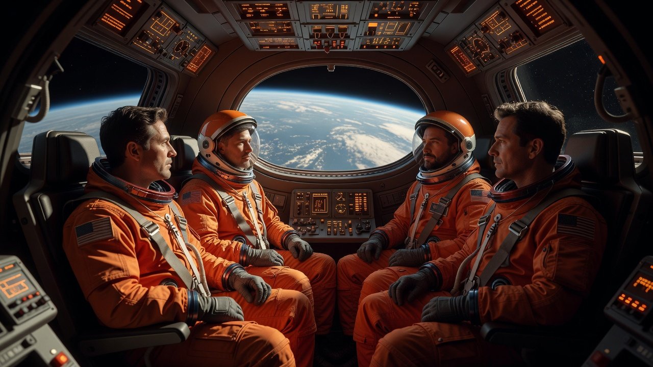 Astronauts in mission control monitoring a crewed spacecraft trajectory around the Moon