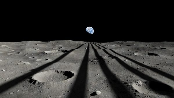 Generic lunar surface landscape with Earth visible in the background above the horizon