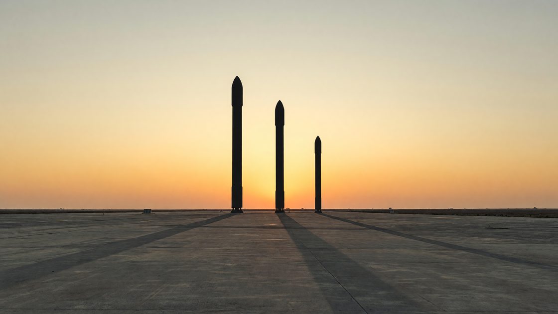 Multiple abstract rocket silhouettes lined up against a dawn sky, suggesting a fleet comparison