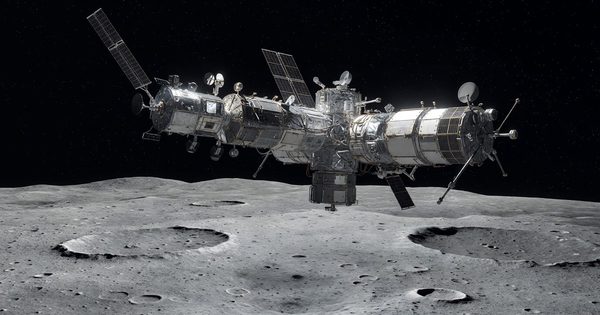 Artistic rendering of a space station in orbit above the lunar surface