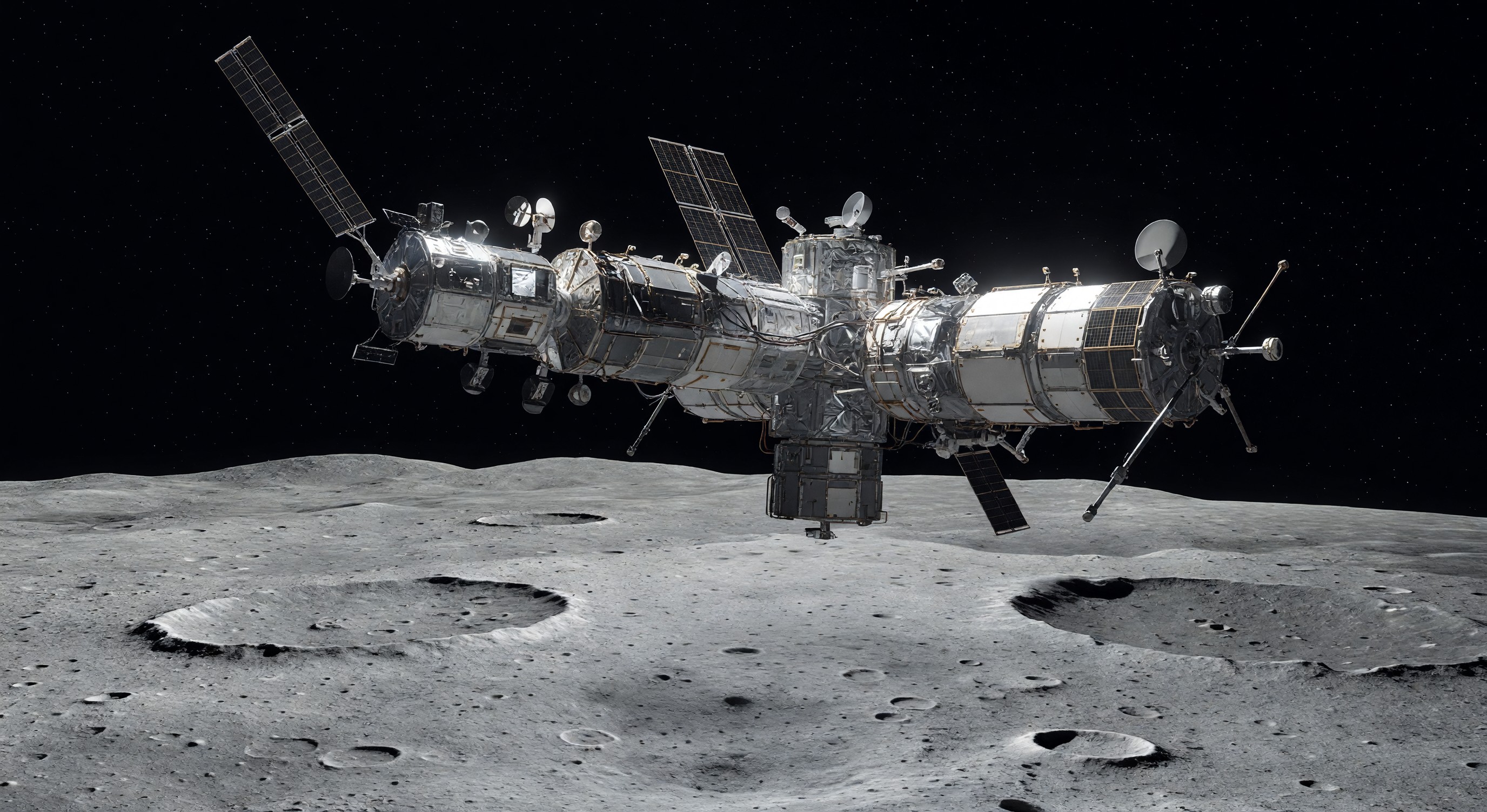 Artistic rendering of a space station in orbit above the lunar surface