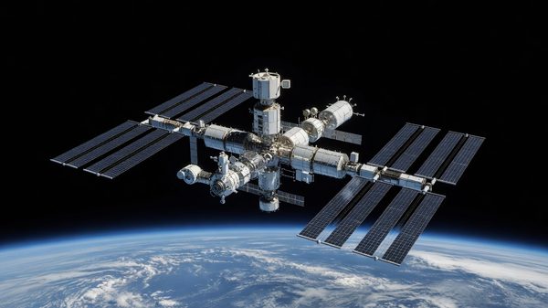 Modular space station structure with docking ports and solar arrays in low Earth orbit above the curvature of Earth