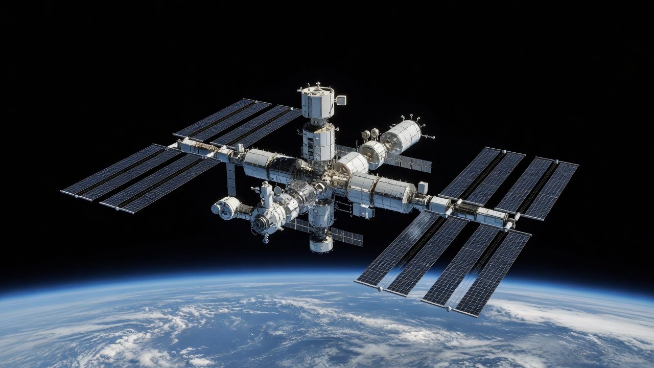 Modular space station structure with docking ports and solar arrays in low Earth orbit above the curvature of Earth