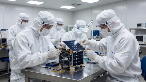 Small satellite cubesat hardware being assembled by engineers in a cleanroom environment